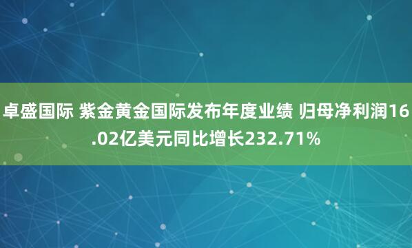 卓盛国际 紫金黄金国际发布年度业绩 归母净利润16.02亿美元同比增长232.71%